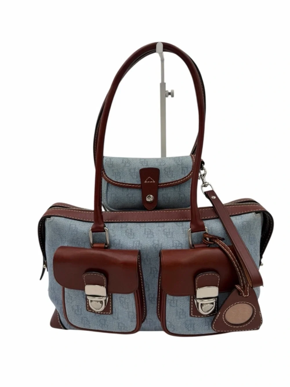 Dooney & Bourke Denim Monogram Cargo Satchel Set Brown Leather DB Logo Y2K